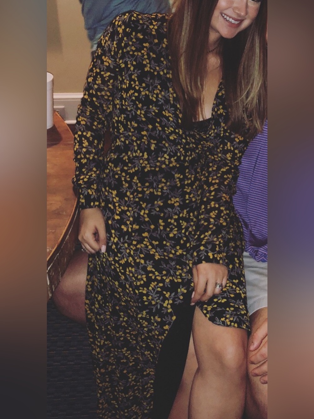 Ganni Black Long Sleeve Maxi Dress with Yellow Floral Print